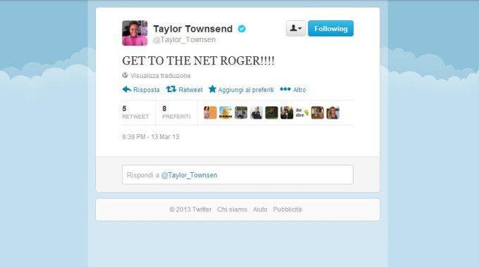 Tweet di Taylor Townsend dove la giovane americana consiglia a Roger Federer di andare a rete