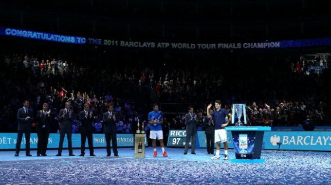 Atp World Tour Finals 2011, Roger Federer celebra la vittoria (Getty Images Europe Julian Finney)