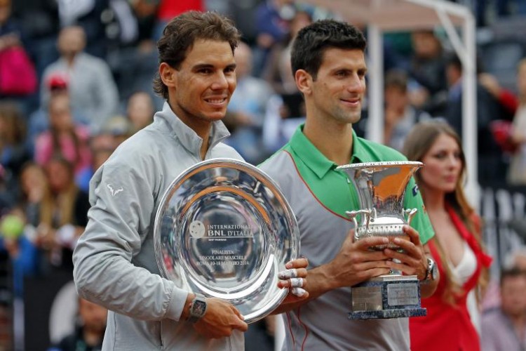 Rafael Nadal e Novak Djokovic alla premiazione degli Internazionali d'Italia 2014