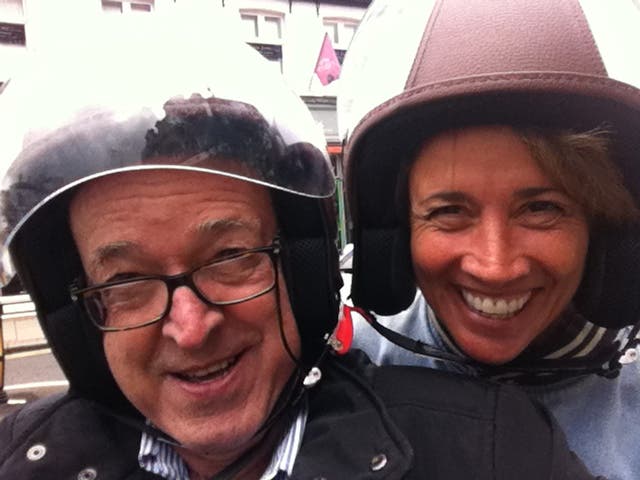 Mary Carrillo in scooter Piaggio MP3with Ubaldo