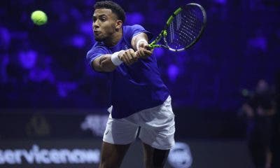 VANCOUVER, BRITISH COLUMBIA - SEPTEMBER 22: Arthur Fils of Team Europe plays in a match against Ben Shelton of Team World during day one of the Laver Cup at Rogers Arena on September 22, 2023 in Vancouver, British Columbia. (Photo by Matthew Stockman/Getty Images for Laver Cup)